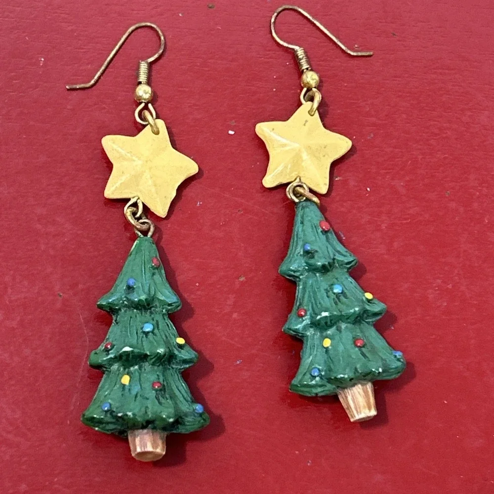 Vintage Yellow Star Green Christmas Tree Dangle‎ Hook Earrings